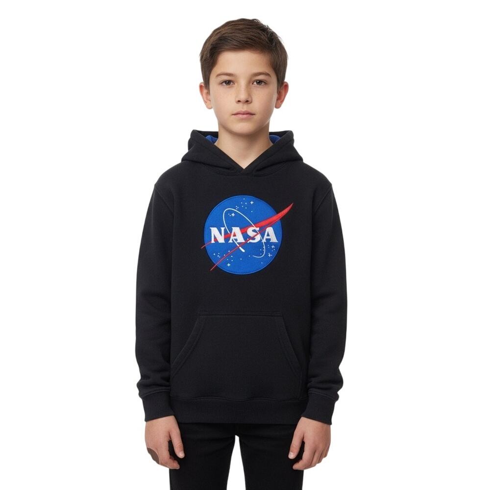 NASA Pullover Hoodie Sweatshirt Black Blue Graphic Print Size L
